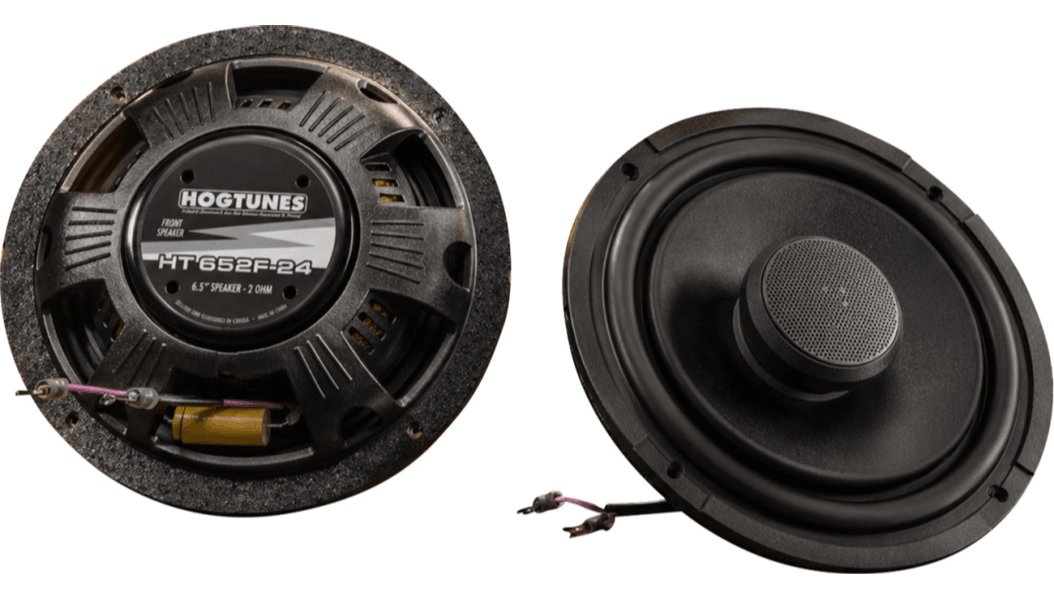 Two views of a HOGTUNES HT6522P24 6.5" speaker on a white background, showing the rear with the voice coil and front with the tweeter.