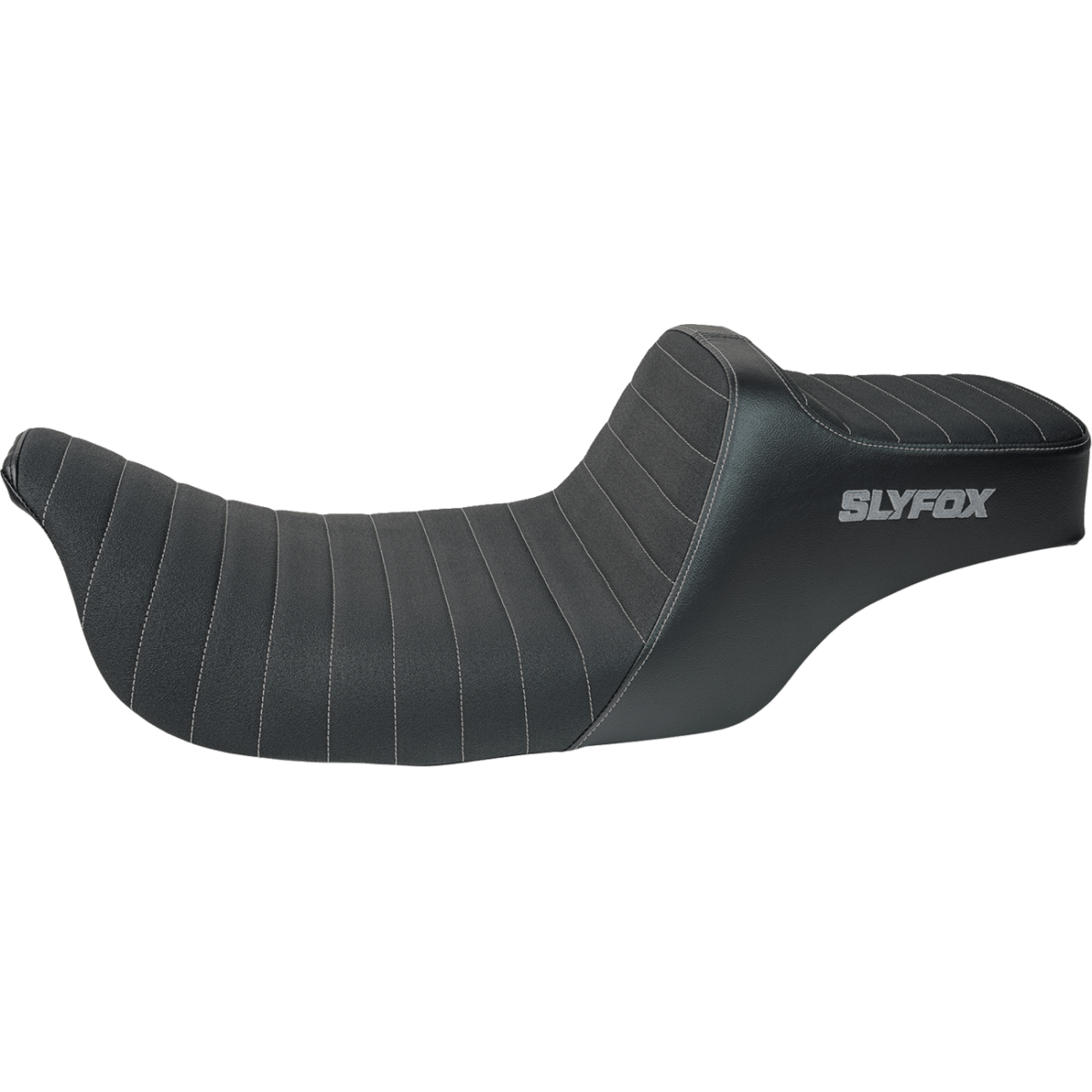 A black motorcycle or scooter seat with white contrast stitching and the SLYFOX brand name printed in white on the side, shown against a plain white background.