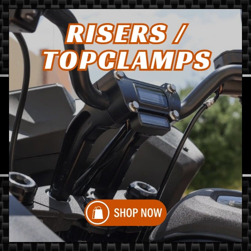 "Shop Now" button overlaid on an image of a Harley-Davidson, zoomed in on the risers and top clamp, aimed at directing users to browse all riser products available on the site.