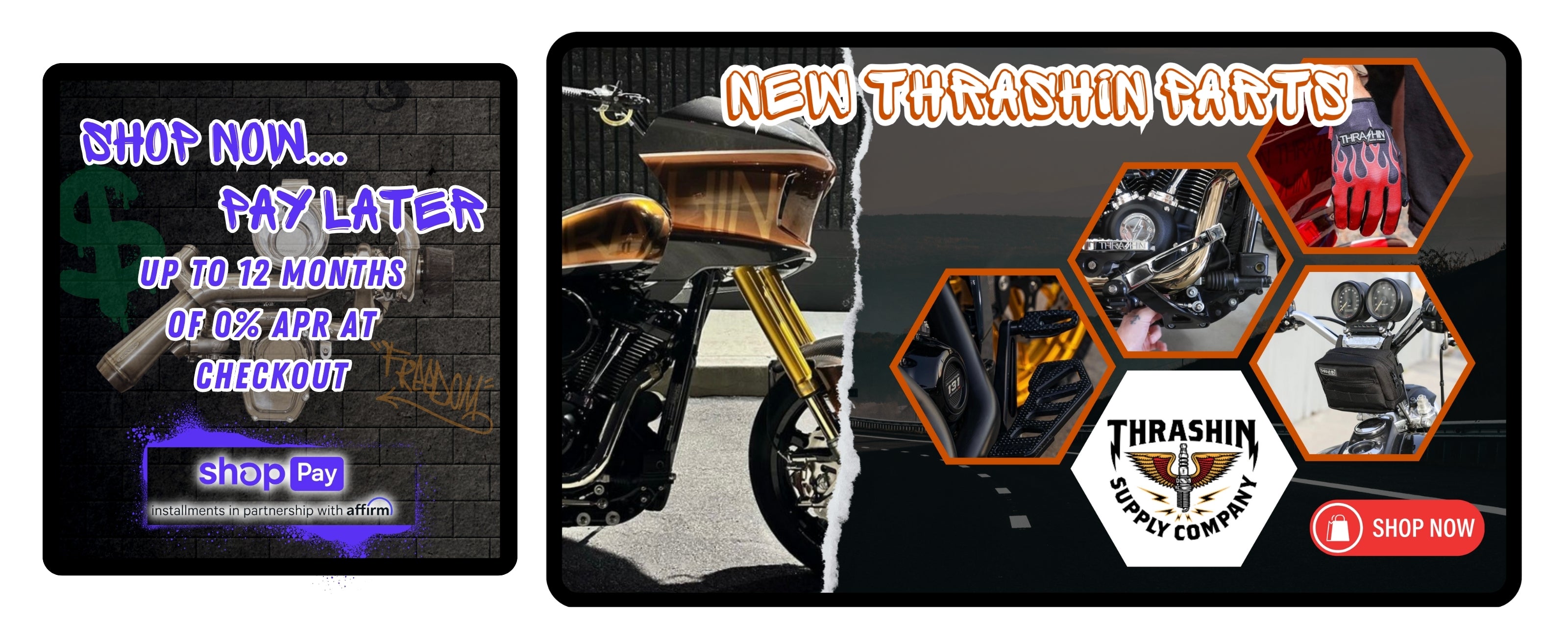Thrashin Supply website banner showcasing a custom motorcycle built by Thrashin Supply, with a "Shop Now" button and an announcement for Shop Pay financing options available
