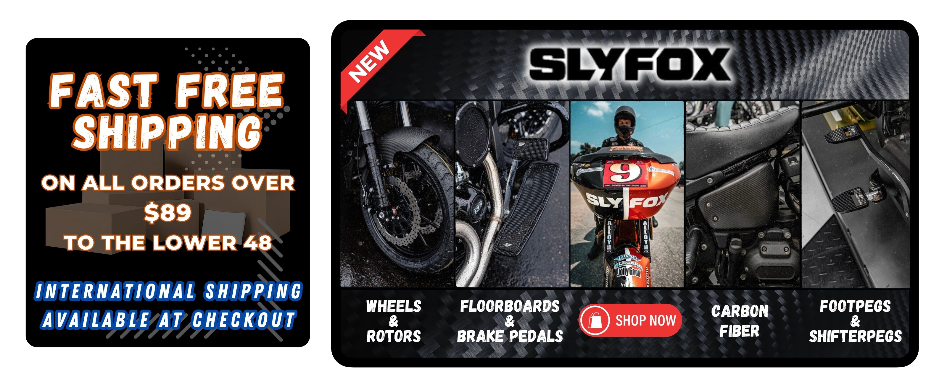 Slyfox Performance promotional banner displaying new racing parts from Slyfox, featuring a prominent "Shop Now" button and a side banner highlighting free shipping offers