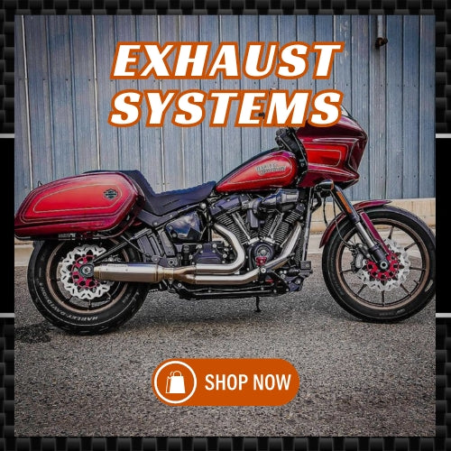 Banner for shopping Harley-Davidson exhaust systems, featuring various models of exhausts with a clear call to action.