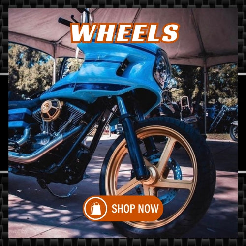 "Shop Now" button overlaid on an image of a Harley-Davidson, specifically highlighting the motorcycle's wheels, directing users to view all wheel products on the website.