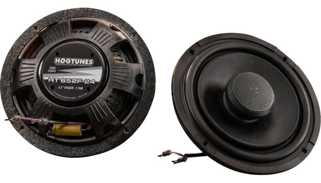 Two views of a HOGTUNES HT6522P24 6.5" speaker on a white background, showing the rear with the voice coil and front with the tweeter.