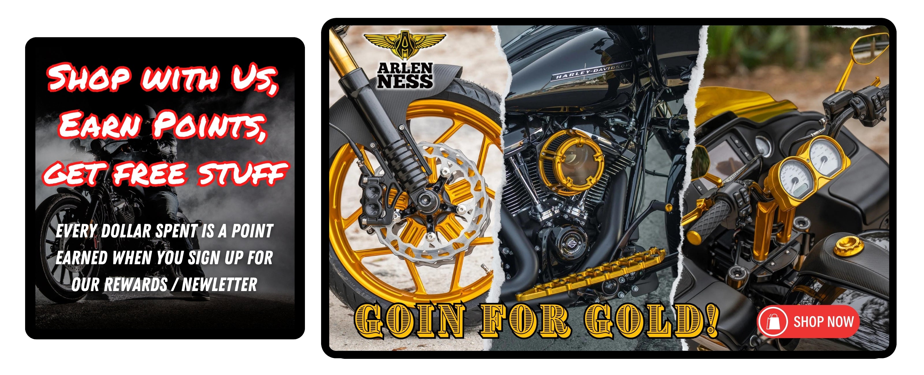 Arlen Ness promotional banner displaying gold wheels, an air cleaner, and Method gold risers with gauge mount. Includes a "Shop Now" button and a note about the Arlen Ness rewards system