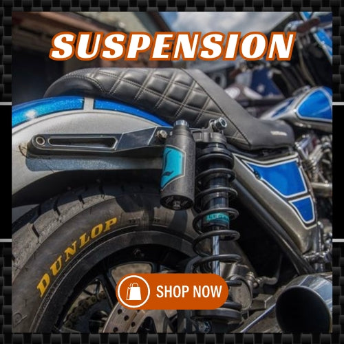 Shop by Product Type" banner highlighting Harley-Davidson suspensions, showcasing different suspension models with informational captions.