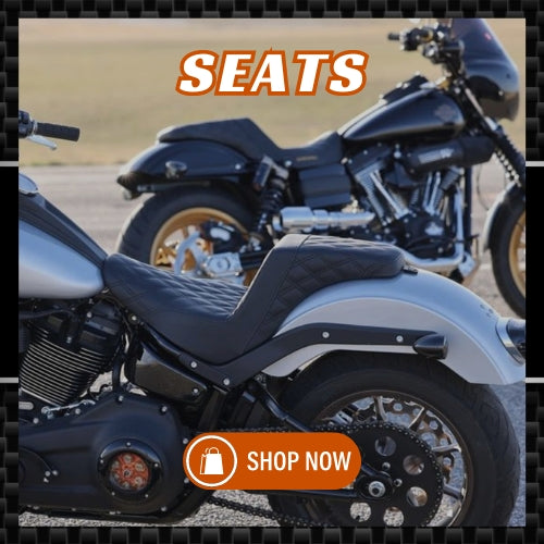 "Shop Now" button combined with an image focusing on various Harley-Davidson motorcycle seats, intended to direct users to explore all seat products available on the site.